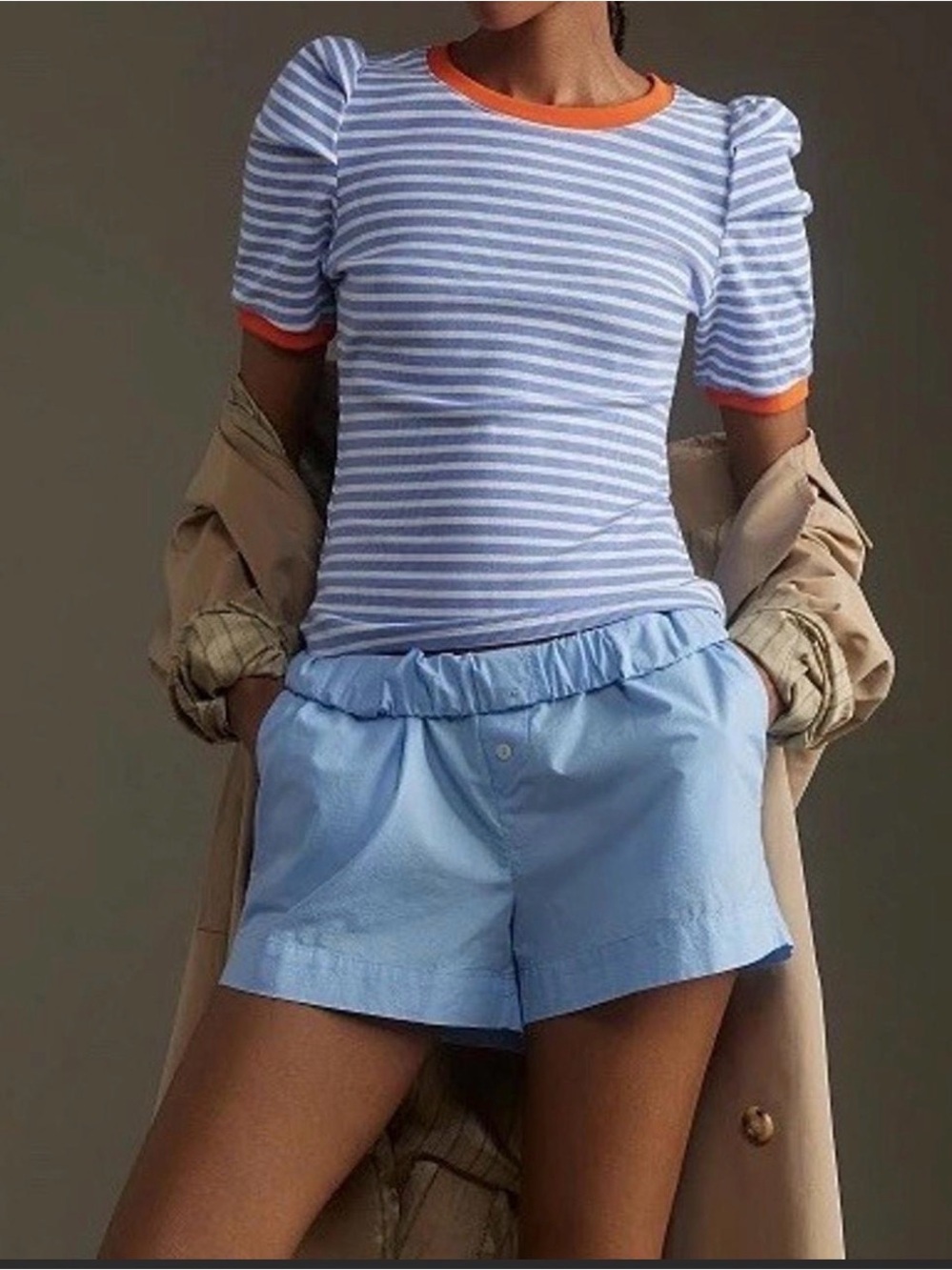 Anthropologie Maeve Blue-and-White Striped Puff-Sleeve Tee with Orange Trim - Picture 2 of 5